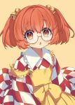  1girl apron bangs bell checkered_clothes e_sdss hair_bell hair_ornament highres looking_at_viewer motoori_kosuzu open_mouth orange_eyes orange_hair round_eyewear semi-rimless_eyewear short_hair simple_background solo touhou two_side_up under-rim_eyewear yellow_apron yellow_background 