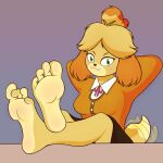  4_toes animal_crossing anthro barefoot canid canine canis clothed clothing domestic_dog feet female foot_fetish foot_focus fur hi_res humanoid_feet isabelle_(animal_crossing) luvby mammal nintendo paws shih_tzu simple_background soles solo toes toy_dog video_games yellow_body yellow_fur 