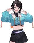  1girl :d alternate_costume belt black_hair black_shirt black_skirt blue_eyes blue_shirt cowboy_shot crop_top crop_top_overhang double_v hands_up hololive long_sleeves looking_at_viewer midriff navel oozora_subaru open_mouth pleated_skirt puffy_sleeves shirt short_hair shugao simple_background skirt smile solo standing undershirt v virtual_youtuber white_background wing_collar 