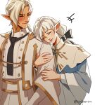  &gt;:) +++ 1boy 1girl ^_^ ameliance_leveilleur arm_hug bangs black_necktie blush bow buttons capelet closed_eyes coat collared_coat commentary elezen elf english_commentary final_fantasy final_fantasy_xiv fourchenault_leveilleur grey_coat grey_hair hair_bow half-closed_eyes head_on_another&#039;s_shoulder head_rest hetero husband_and_wife long_hair looking_at_another low_ponytail necktie pointy_ears simple_background smile standing swept_bangs syndecim twitter_username upper_body v-shaped_eyebrows white_background wide_sleeves 