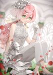  1girl absurdres aodake_(winter1517) formal genshin_impact gloves green_eyes highres horns leaf long_hair looking_at_viewer multicolored_hair pants pink_hair plant sandals smile solo wedding white_hair yanfei_(genshin_impact) 