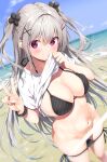  1girl beach bikini bikini_pull black_bikini breasts cleavage closed_mouth clothes_lift clothes_pull day grey_hair hair_ornament hairclip halter_top halterneck hand_up highres large_breasts lifted_by_self light_censor long_hair looking_at_viewer navel ocean original outdoors pink_eyes ryouka_(suzuya) shirt shirt_lift short_sleeves side-tie_bikini smile solo standing stomach string_bikini striped striped_bikini swimsuit two_side_up v water white_shirt wristband x_hair_ornament 
