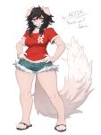  4_fingers 4_toes anthro baburusushi black_hair bottomwear breasts canid canine clothed clothing digital_media_(artwork) feet female fingers flip_flops footwear fur hair heterochromia hi_res hotpants mammal messy_hair open_mouth pants red_clothing red_shirt red_t-shirt red_topwear sandals shirt shorts simple_background smile solo t-shirt text toes toothy_grin topwear tuft white_background 