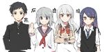  &gt;:( 1boy 3girls :d :| an_sin apron arms_at_sides bangs black_hair black_jacket black_vest blue_eyes blue_necktie bow bowtie buttons closed_mouth crossed_arms dot_nose expressionless gakuran grey_hair hair_between_eyes hair_ornament hairclip haitani_(madoka_magica) hand_on_hip hand_up happy highres jacket kurara_(madoka_magica) kuroda_(madoka_magica) long_hair long_sleeves magia_record:_mahou_shoujo_madoka_magica_gaiden mahou_shoujo_madoka_magica medium_hair multiple_girls neckerchief necktie open_mouth orange_eyes orange_shirt parted_lips pink_eyes plaid plaid_bow plaid_bowtie purple_eyes purple_hair purple_sailor_collar red_bow red_bowtie red_neckerchief sailor_collar school_uniform serafuku shirogane_(magia_record) shirt short_hair sidelocks simple_background sleeves_rolled_up smile split_mouth swept_bangs upper_body v-shaped_eyebrows very_short_hair vest waist_apron white_apron white_background white_hair white_shirt wing_collar yukuni_academy_school_uniform 