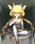  1girl absurdres animal_costume animal_ear_fluff animal_ears black_eyes blonde_hair bra giraffe_ears giraffe_horns giraffe_print giraffe_tail highres horns juuou_giraffe_(kemono_friends) kemono_friends looking_at_viewer multicolored_hair pants pantyhose scarf shoes short_hair sitting solo tail tanio_(tanio_0114) underwear 