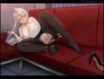  1girl :d absurdres anus bangs black_footwear black_legwear black_skirt breasts bronya_zaychik bronya_zaychik_(silverwing:_n-ex) cleavage collared_shirt condom couch drill_hair full_body full_moon gibb_san grey_eyes grey_hair grin high_heels highres holding holding_condom honkai_(series) honkai_impact_3rd indoors large_breasts long_sleeves looking_at_viewer lying moon nipples on_back open_mouth pantyhose ponytail pussy shirt skirt smile soles solo toes torn_clothes torn_legwear twin_drills white_shirt 