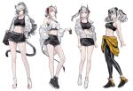  4girls absurdres alternate_costume alternate_hairstyle animal_ears antenna_hair antennae arknights bag bangs bare_legs bare_shoulders black_pants black_shorts breasts cat_ears cat_tail clothes_around_waist crop_top demon_horns duffel_bag eyewear_on_head feater_(arknights) feater_(dojo_star)_(arknights) full_body grey_hair hair_over_one_eye highres horns jacket jacket_around_waist large_breasts leggings long_hair long_sleeves lyas midriff mudrock_(arknights) multicolored_hair multiple_girls navel off_shoulder official_alternate_costume open_clothes open_jacket oripathy_lesion_(arknights) panda_ears panda_girl pants pointy_ears ponytail purple-tinted_eyewear schwarz_(arknights) shoes short_hair short_shorts shorts simple_background sports_bra standing stomach sunglasses tachi-e tail tank_top thighs tinted_eyewear twintails very_long_hair w_(arknights) white_background white_footwear white_hair white_jacket white_tank_top yellow_eyes yellow_jacket yoga_pants 