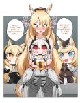  4girls :&lt; :d ? absurdres animal_ear_fluff animal_ears arknights armor black_bow black_headwear black_tank_top blemishine_(arknights) blonde_hair blue_eyes border bow breastplate cape character_doll chocolate demon_horns eating feet food food_on_face grey_hair hair_between_eyes hair_bow hair_ornament hat headset heart highres horns horse_ears horse_girl horse_tail long_hair looking_at_another looking_down looking_up manggapaegtoli mudrock_(arknights) multiple_girls nearl_(arknights) open_mouth outside_border pointy_ears ponytail rhodes_island_logo sitting sitting_on_person smile tail tank_top whislash_(arknights) white_border white_cape yellow_eyes younger 