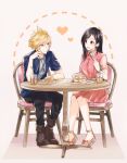  1boy 1girl absurdres black_hair blonde_hair blue_eyes breasts brown_footwear chair cloud_strife couple cup dating dress drink drinking_straw earrings final_fantasy final_fantasy_vii final_fantasy_vii_remake food fork full_body heart highres holding holding_fork jewelry long_hair looking_at_another mizuamememe pants pink_dress red_eyes sandals shirt short_sleeves sitting spiked_hair table tifa_lockhart 