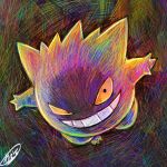  commentary_request full_body gengar grin kaosu_(kaosu0905) no_humans orange_eyes outstretched_arms pokemon pokemon_(creature) signature smile solo teeth 