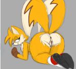  anthro anus big_butt butt canid canine clothing crossgender female footwear fox fur genitals gloves handwear looking_at_viewer looking_back mammal miles_prower nude pussy rustyfoxdraws sega simple_background smile solo sonic_the_hedgehog sonic_the_hedgehog_(series) video_games 