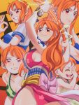  1girl arms_up bare_shoulders bikini bikini_top_only breasts child cleavage clima-tact crying crying_with_eyes_open electricity food fruit highres holding holding_weapon japanese_clothes kimono large_breasts long_hair mandarin_orange money_gesture multiple_views nami_(one_piece) one_piece orange_hair pandar_op red_eyes shirt short_hair shoulder_tattoo sideboob swimsuit tattoo tears weapon younger 