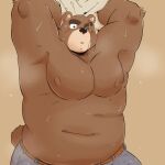  2022 anthro belly big_belly black_nose blush bodily_fluids brown_body hi_res kemono male mammal moobs mtmnkmn125 musk navel nipples one_eye_closed overweight overweight_male scar simple_background solo sweat ursid 