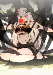  1girl absurdres apple arknights armpits breasts choker cleavage feet food fruit hair_ornament highres horns large_breasts long_hair mudrock_(arknights) mudrock_(silent_night)_(arknights) navel red_eyes renxzd ribbon shibari solo string swimsuit thighs tongue white_hair 