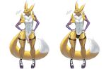  2021 absurd_res anthro arm_warmers armwear balls bandai_namco black_sclera blue_eyes blulesnsfw bulge clothing digimon digimon_(species) front_view genitals hands_on_hips hi_res high_heels humanoid_genitalia humanoid_penis looking_at_viewer male multiple_versions navel neck_tuft penis renamon signature simple_background smile solo standing thong tuft underwear white_background 