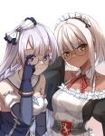  2girls adjusting_eyewear arm_support as4gi azur_lane bangs bare_shoulders black_gloves bow bowtie braid brown_eyes collarbone commentary dark_skin dated detached_collar detached_sleeves edinburgh_(azur_lane) english_commentary enterprise_(hms)_(azur_lane) glasses gloves grey_eyes grey_hair hair_between_eyes hair_ornament highres leaning_forward long_hair long_sleeves looking_at_viewer maid maid_headdress multiple_girls round_eyewear sailor_collar short_hair short_hair_with_long_locks sidelocks signature simple_background single_braid smile strapless white_background 