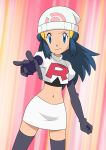  1girl absurdres beanie black_hair blue_eyes boots clenched_hand closed_mouth commentary_request cosplay cropped_jacket dawn_(pokemon) elbow_gloves eyelashes gloves hainchu hair_ornament hairclip hat highres jacket jessie_(pokemon) jessie_(pokemon)_(cosplay) logo long_hair navel outstretched_arm pokemon pokemon_(anime) pokemon_dppt_(anime) sidelocks skirt smile solo team_rocket team_rocket_uniform thigh_boots w white_headwear white_jacket white_skirt 