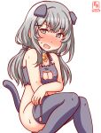 1girl alternate_costume animal_ears artist_logo blush bottomless bra breasts cat_cutout cat_ears cat_lingerie cat_tail cleavage cleavage_cutout clothing_cutout commentary_request dated feet_out_of_frame frilled_bra frills grey_eyes grey_hair grey_legwear i-201_(kancolle) invisible_chair kanon_(kurogane_knights) kantai_collection long_hair low_twintails medium_breasts meme_attire nose_blush one-hour_drawing_challenge open_mouth simple_background sitting solo tail thighhighs twintails underwear white_background 