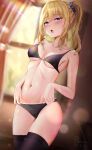  1girl :o absurdres black_bra black_legwear black_panties blonde_hair blue_eyes blue_scrunchie blurry blurry_background blush bra breasts collarbone cowboy_shot curtains dated furrowed_brow hayasaka_ai highres kaguya-sama_wa_kokurasetai_~tensai-tachi_no_renai_zunousen~ lace-trimmed_panties lace_trim lens_flare long_hair medium_breasts navel open_mouth panties pharmarr raised_eyebrows scrunchie side_ponytail signature solo stomach thighhighs thighs underwear underwear_only window 