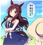  1girl alternate_costume animal_ears blurry blurry_background breasts collarbone commentary_request dress hat highres horse_ears horse_girl horse_tail long_hair looking_at_viewer medium_breasts mejiro_dober_(umamusume) purple_eyes sky sleeveless smile solo straw_hat tail takiki translation_request umamusume 