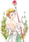  1girl backless_dress backless_outfit blonde_hair bridal_gauntlets closed_mouth copyright_request dress flower highres holding holding_staff longdenkikettle looking_at_viewer looking_back purple_eyes short_hair solo staff white_background 