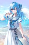  1girl bangs belt blue_choker blue_eyes blue_hair bracelet choker closed_mouth commentary_request dress grey_belt hair_between_eyes hair_ornament hand_up highres hololive hoshimachi_suisei jazztaki jewelry long_hair looking_at_viewer ocean outdoors short_sleeves smile solo water white_dress 