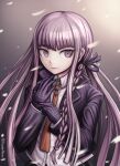  1girl absurdres adjusting_clothes adjusting_gloves artist_name bangs black_gloves braid closed_mouth collared_shirt danganronpa:_trigger_happy_havoc danganronpa_(series) gloves gradient gradient_background grey_background grey_hair hair_ribbon highres jacket kirigiri_kyouko long_hair long_sleeves looking_at_viewer necktie open_clothes open_jacket orange_necktie pink_eyes purple_eyes purple_ribbon randomnoisesart ribbon shiny shiny_hair shirt side_braid solo upper_body 