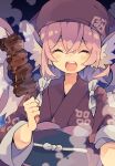  1girl animal_ears bird_ears bird_wings blush closed_eyes food hair_between_eyes highres holding holding_food japanese_clothes mystia_lorelei nikorashi-ka obi okamisty open_mouth pink_hair sash short_hair smile solo teeth touhou upper_body upper_teeth white_wings wide_sleeves wings 