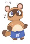  2022 animal_crossing anthro apron blue_eyes bodily_fluids brown_body canid canine chibi clothing hi_res japanese_text kemono mammal nintendo raccoon_dog simple_background solo sweat tanuki text tinntira tom_nook_(animal_crossing) video_games white_background 