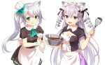  2girls :d :p animal_ear_fluff animal_ears apron ascot black_dress black_ribbon bow bowl breasts cat_ears chef_hat chocolate cleavage cleavage_cutout clothing_cutout commentary_request cooking dress drill_hair extra_ears fang green_ascot green_bow grey_hair hair_between_eyes hair_ornament hair_ribbon hand_up hat heart heart_hair_ornament highres hizuki_miu holding holding_bowl holding_whisk hourei_tenten licking_lips long_hair maid maid_headdress medium_breasts melty+ mini_hat mixing_bowl mole mole_under_eye multiple_girls pastry_bag pleated_dress puffy_short_sleeves puffy_sleeves ribbon short_sleeves side_ponytail sidelocks simple_background skin_fang smile sweet_magic_(vocaloid) tongue tongue_out twin_drills very_long_hair virtual_youtuber wactor_production waist_apron whisk white_apron white_background wing_collar yuusa 