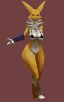  2021 3_fingers anthro arm_warmers armwear bandai_namco blue_eyes blulesnsfw bra breasts brown_background clothing digimon digimon_(species) female fingers front_view fur hi_res looking_at_viewer navel orange_body orange_fur renamon simple_background smile solo standing underwear white_body white_fur 