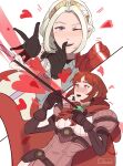  2girls artist_request blush breasts cape closed_mouth dress edelgard_von_hresvelg fire_emblem fire_emblem:_three_houses fire_emblem_warriors:_three_hopes gloves hair_ornament hair_ribbon heart highres long_hair long_sleeves looking_at_viewer monica_von_ochs multiple_girls official_alternate_hairstyle one_eye_closed open_mouth purple_eyes red_eyes red_hair ribbon short_hair simple_background smile upper_body white_hair yuri 