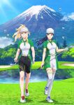  2girls amawashi_aoi bangs baseball_cap belt bird birdie_wing:_golf_girls&#039;_story black_hair blonde_hair blue_eyes blunt_bangs copyright eve_(birdie_wing) full_body gloves golf_club hat highres holding holding_golf_ball holding_golf_club key_visual lake leg_up long_hair looking_at_viewer mount_fuji multiple_girls official_art outdoors pants promotional_art purple_eyes shirt short_sleeves single_glove skirt thighhighs visor_cap white_footwear white_gloves white_headwear white_legwear 