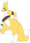  2020 absurd_res anthro bandai_namco black_sclera blue_eyes blulesnsfw breasts digimon digimon_(species) female genitals hand_on_hip hi_res one_leg_up pussy raised_leg renamon side_view simple_background solo white_background 