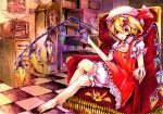  1girl armchair ascot bangs barefoot blonde_hair bloomers book bookshelf chair clock commentary_request crystal drawing dress file_cabinet flandre_scarlet frilled_dress frills full_body grandfather_clock hair_between_eyes hat hat_ribbon highres indoors jonasan_(bad-t) looking_at_viewer mob_cap one_side_up open_mouth patchouli_knowledge red_dress red_eyes red_ribbon remilia_scarlet ribbon roman_numeral short_hair smile solo static table television touhou traditional_media underwear white_ascot white_headwear wings yukkuri_shiteitte_ne 