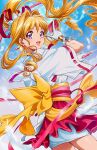  1girl blonde_hair blue_sky card cloud dress drill_hair hair_intakes japanese_clothes kaitou_jeanne kamikaze_kaitou_jeanne kaze-hime long_hair magical_girl ponytail purple_eyes red_skirt skirt sky solo white_dress 