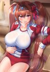  alternate_costume blurry blurry_background breasts brown_hair buruma collarbone commentary_request daiwa_scarlet_(umamusume) gym_uniform hair_ornament heavy_breathing highres horse_girl large_breasts long_hair nekojima open_mouth red_eyes tiara twintails umamusume 