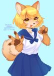 2022 4_fingers absurd_res anthro blonde_hair blush bottomwear bow_(feature) breasts canid canine canis cheek_tuft chest_tuft claws clothed clothing dated digital_media_(artwork) domestic_dog facial_tuft female fingers fur hair hi_res kayama_akimaru looking_at_viewer mammal open_mouth ribbons school_uniform shiba_inu signature simple_background skirt smile solo spitz standing tongue topwear tuft uniform 