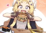  1girl blonde_hair blue_eyes burger curry eating food gloves gunkan_suship_ikura hair_ornament headgear heart heebee hungry_burger ikura_(food) incredible_ecclesia_the_virtuous long_hair mooyan_curry nori_(seaweed) rice roe seafood sushi yu-gi-oh! 