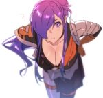 1girl 46yonaka armor asymmetrical_clothes bangs breasts cape choker cleavage closed_mouth fire_emblem fire_emblem:_three_houses fire_emblem_warriors:_three_hopes gloves hair_bun hair_over_one_eye large_breasts long_hair long_sleeves looking_at_viewer purple_eyes purple_hair shez_(fire_emblem) shez_(fire_emblem)_(female) simple_background single_hair_bun solo 
