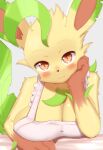  2022 anthro anthrofied apron apron_only big_breasts blush breasts brown_body brown_eyes brown_fur canid canine cleavage clothed clothing cute_fangs eeveelution female fur green_body hi_res horokusa0519 huge_breasts kemono leafeon looking_at_viewer mammal mostly_nude nintendo pok&eacute;mon pok&eacute;mon_(species) pok&eacute;morph solo video_games yellow_body yellow_fur 