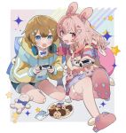  1boy 1girl animal_ears animal_slippers bangs blue_eyes border braid brown_hair bunny_hair_ornament bunny_slippers buttons candy_hair_ornament commission controller cookie cowlick food food-themed_hair_ornament game_controller hair_ornament hairpin headphones headphones_around_neck heart heart_hair_ornament hood hoodie indie_virtual_youtuber long_hair looking_at_viewer multicolored_clothes open_mouth phase_connect pink_eyes pink_hair pipkin_pippa rabbit_ears sen_juge shirt short_hair shorts sidelocks slippers socks sparkle star_(symbol) star_hair_ornament stuffed_animal stuffed_toy teddy_bear virtual_youtuber white_shirt 