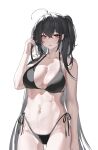  1girl absurdres ahoge arm_up azur_lane bangs bare_arms bare_legs bare_shoulders bikini black_bikini black_hair breasts eyebrows_behind_hair hair_between_eyes highres large_breasts long_hair looking_at_viewer miqilinfeizainie nail_polish red_eyes simple_background solo stomach swimsuit taihou_(azur_lane) very_long_hair white_background 