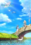  2girls :d amawashi_aoi bird birdie_wing:_golf_girls&#039;_story black_hair black_shorts blonde_hair blue_eyes boots bridge brown_footwear copyright_name eve_(birdie_wing) golf_club grey_shirt highres key_visual long_hair looking_up multiple_girls off_shoulder official_art pink_legwear promotional_art seagull shirt shoes shorts skirt smile sneakers socks visor_cap white_footwear 