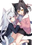  2girls :d animal_ears bangs black_footwear black_hair black_jacket black_shorts blue_bow blue_dress blue_eyes blue_hairband bow cat_ears cat_girl cat_tail closed_mouth commentary_request drawstring dress fang grey_hair grey_shirt hair_between_eyes hair_bow hair_ribbon hairband highres holding_hands jacket long_hair long_sleeves multiple_girls one_side_up original pink_jacket plaid plaid_dress pleated_dress puffy_long_sleeves puffy_sleeves red_ribbon ribbon shirt shoes short_shorts shorts simple_background smile tail tokuno_yuika very_long_hair white_background yellow_eyes 
