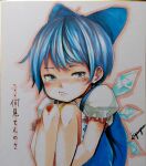  1girl ascot bangs blood blue_bow blue_dress blue_eyes blue_hair blush bow cirno closed_mouth collared_shirt commentary_request dress feet_out_of_frame frilled_sleeves frills frown hair_bow hugging_own_legs ice ice_wings jonasan_(bad-t) looking_at_viewer pout puffy_short_sleeves puffy_sleeves scraped_knee shikishi shirt short_hair short_sleeves signature simple_background solo tearing_up touhou traditional_media translation_request white_shirt wings yellow_ascot 