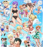  5boys 6+girls bikini bikini_skirt black_bikini black_eyes black_hair blonde_hair blue_eyes breasts bright_noa chanmura cup dark-skinned_female dark_skin dress elle_vianno elpeo_puru emary_ounce eyewear_on_head flat_chest green_dress green_hoodie gundam gundam_zz hair_behind_ear headband heart highres holding holding_cup hood hoodie judau_ashta medium_breasts mondo_agake multiple_boys multiple_girls navel one-piece_swimsuit orange_hair pink_bikini pink_swimsuit purple_hair puru_two rasara_moon red_eyes red_headband roux_louka short_hair sitting small_breasts smile sparkle speech_bubble stomach sunglasses swimsuit translation_request v-shaped_eyebrows wariza white_hoodie 