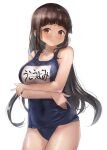  1girl bare_arms bare_legs bare_shoulders black_hair black_swimsuit blush breasts brown_eyes closed_mouth collarbone cowboy_shot kantai_collection large_breasts long_hair myoukou_(kancolle) name_tag one-piece_swimsuit school_swimsuit simple_background solo swimsuit toka_(marchlizard) white_background 