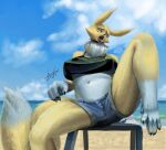  2021 absurd_res alternate_version_at_source anthro bandai_namco beach blulesnsfw bra claws clothing cloud collar digimon digimon_(species) female front_view fur hi_res navel neck_tuft one_leg_up open_mouth raised_leg renamon sand seaside short_jeans signature solo spread_legs spreading tuft underwear water white_body white_fur yellow_body yellow_fur 