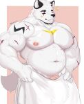  absurd_res anthro belly canid canine canis domestic_dog front_view hi_res male mammal muscular muscular_anthro muscular_male nipples nordic_sled_dog ruxxx-uwu samoyed smile solo spitz standing towel white_body 